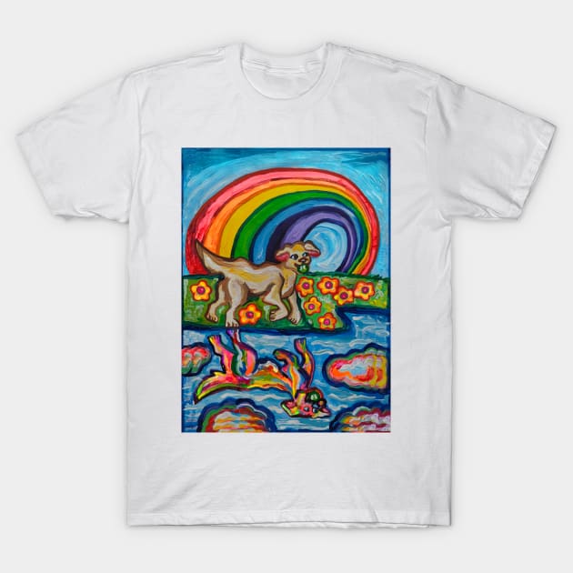 Rainbow Bridge Dog Reflecting on Life T-Shirt by Art by Deborah Camp